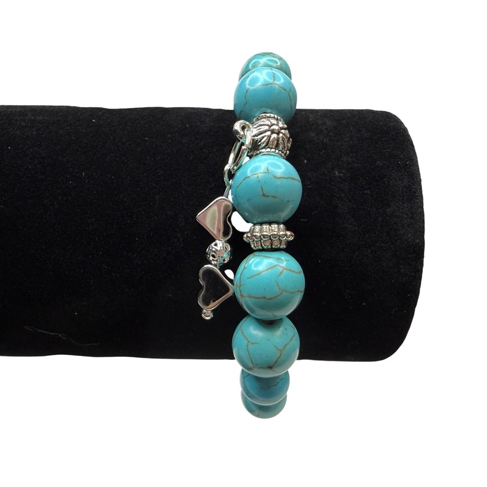 Turquoise Cold Stone Beaded Heart Charm Bracelet Silver Plated Accents Jewelry